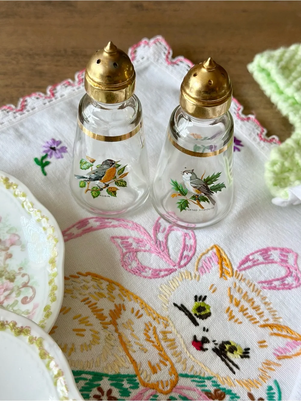 Vintage Grandmas Kitchen Lot Embroidered Linens Limoges Crochet Birds